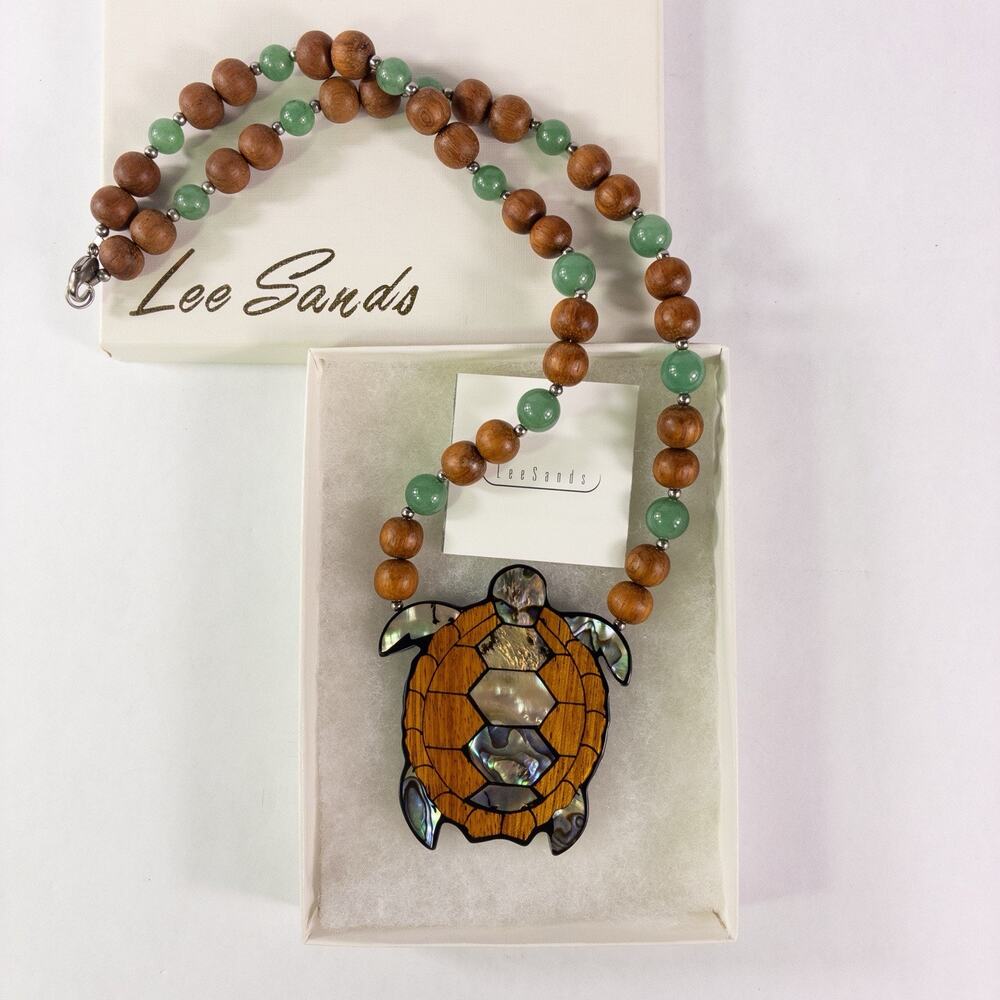Lee Sands Turtle Necklace Abalone Inlay Bayong Wood Jade Beads 22" w/ Box